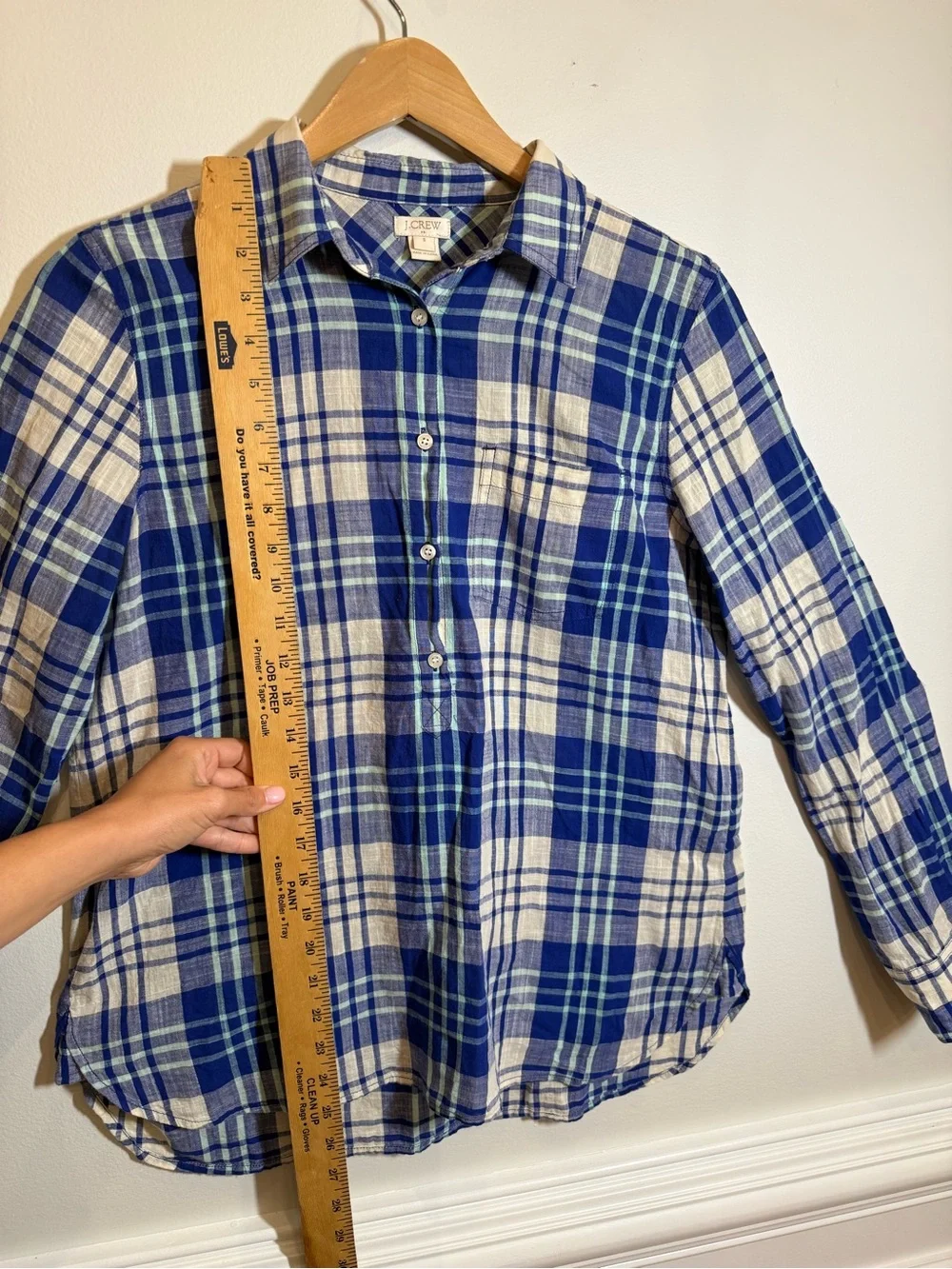 Blue Cream Plaid Cotton Popover Shirt Partial Button Placket Preppy Coastal Sz S